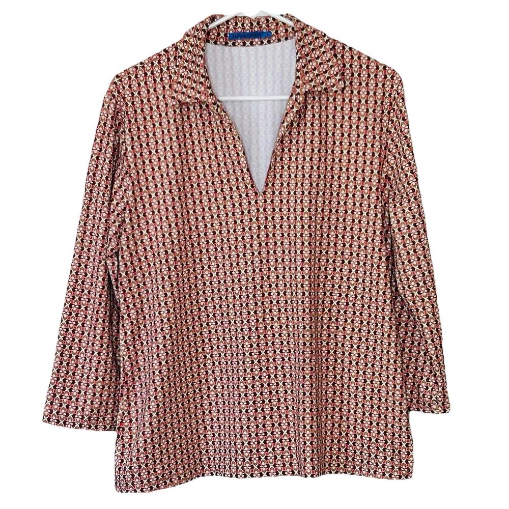 J McLaughlin Catalina Cloth Aida Top XL Brown Pink Geo Print 3/4 Sleeves Collar